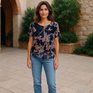 Bobeau Y2K Oversized Purple Burnout Velvet Bohemian Floral Blouse Size Small EUC